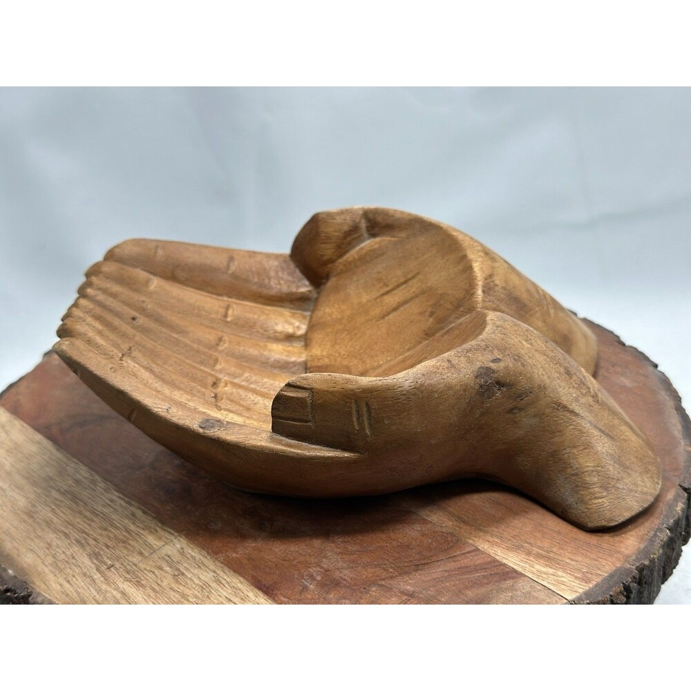 Hand Carved Handmade Wooden Cupped Offering Healing Hands Display Bowl